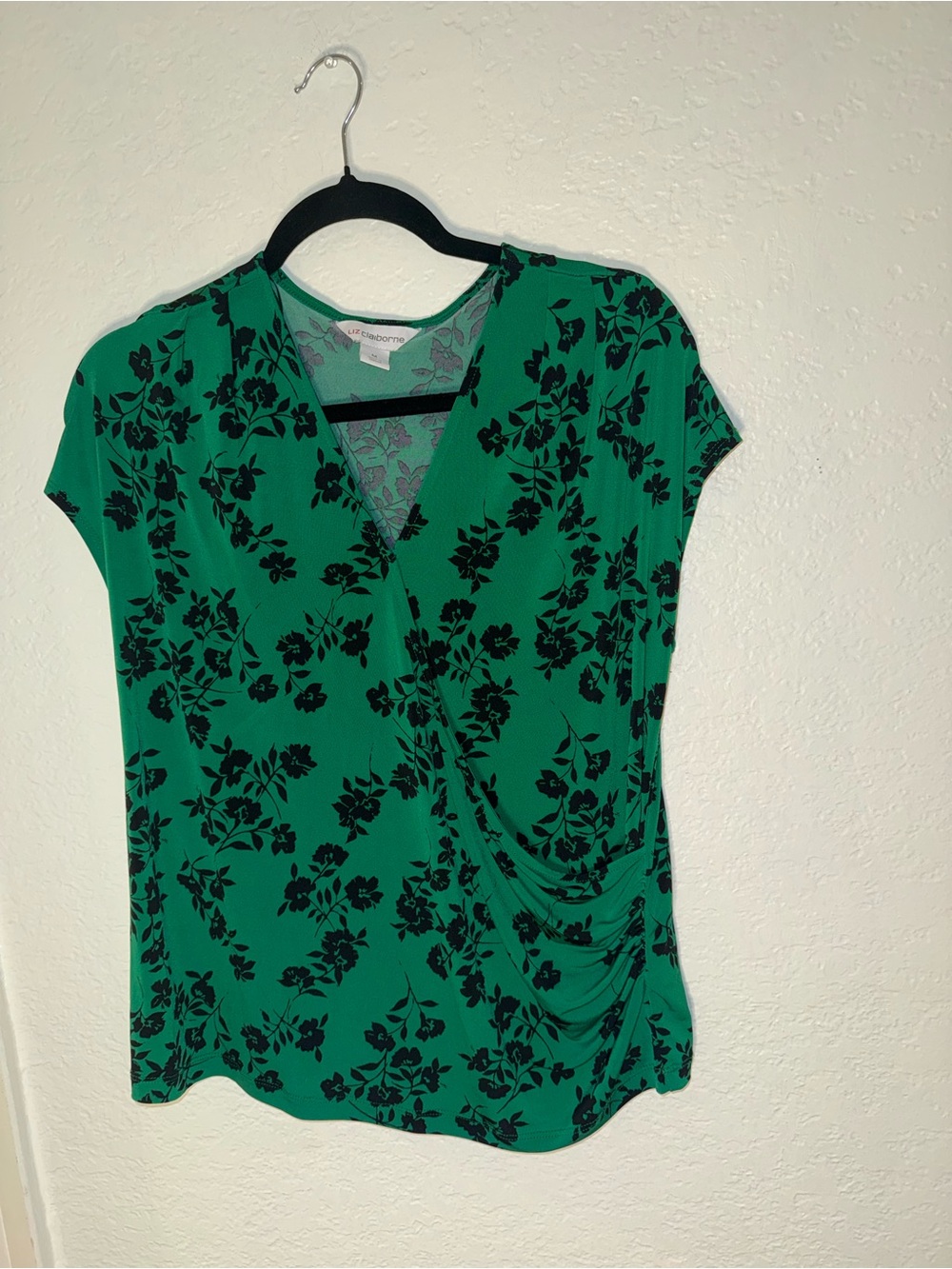 Liz Claiborne Emerald Green Floral Wrap-Style Blouse